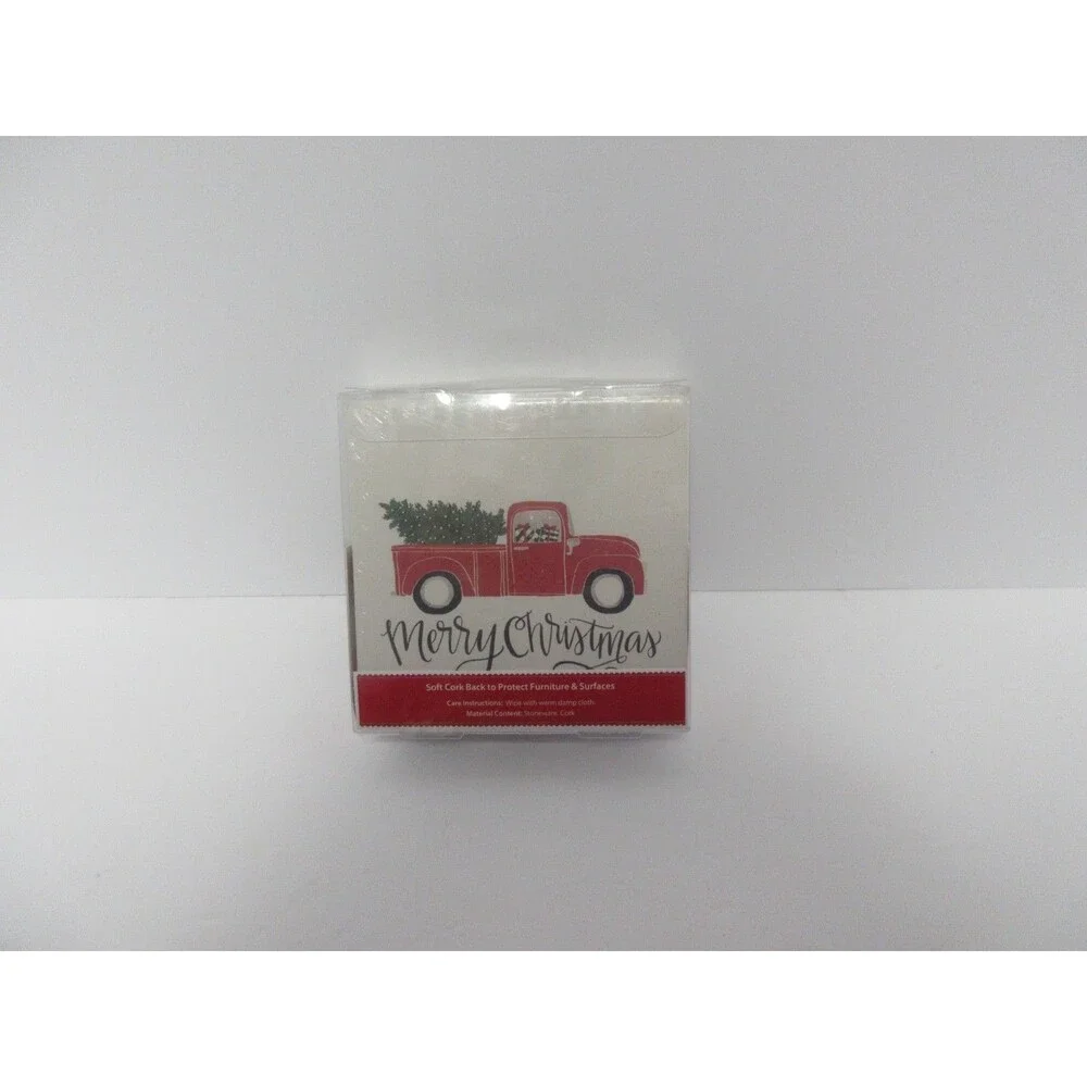 Holiday Time Coasters Christmas Red Pickup Truck & Plaid Cocoa Square Set of 4